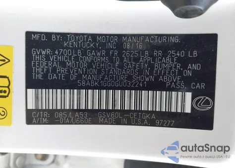 2016 Lexus Es 350 z USA, uszkodzony, nr VIN 58ABK1GG0GU032241